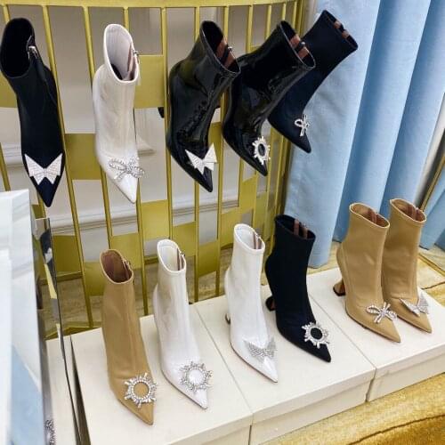 Casual Designer Women Chelsea Boots Black Genuine Leather Crystal Point Toe High Heels Short Booties Zapatos Mujer Martin Boots