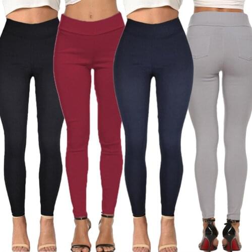Casual Women Solid Color High Waist Elastic Waistband Ass Pockets Skinny Pants