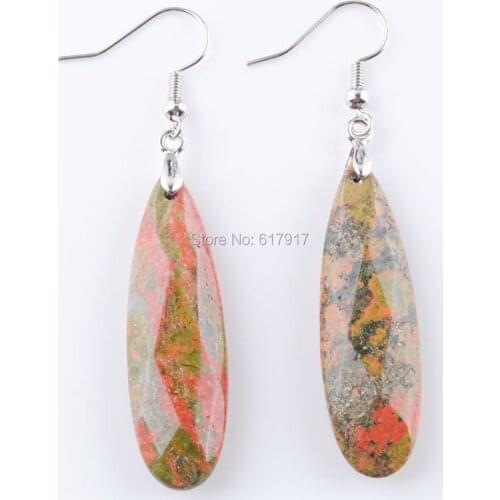RONGZUAN Natural Unakite Jaspers Gem Stone Polygon Beads Hook Drop Geometry Dangle Long Earrings for Women Jewelry 1 Pair TR3198