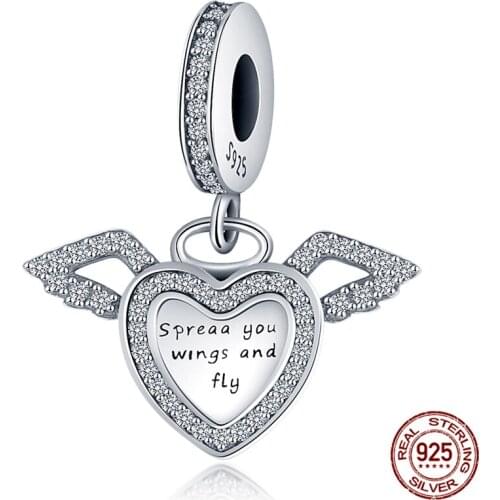 Genuine 925 Sterling Silver Heart Shaped Angel Wings Fit Original 3mm Bracelet&Bangle Making Fashion DIY Jewelry For Women