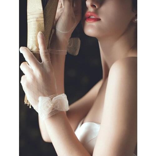 Women Short Ivory Wedding Bridal Gloves Full Finger See Through Ribbon Bowknot Decor Wrist Length Costume Prom Party Gloves
