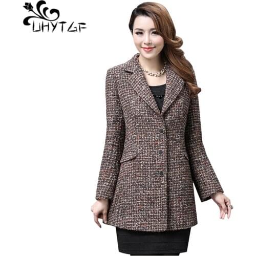UHYTGF Winter warm jacket fashion Woolen Women winter jacket women Cashmere 5XL Plus size Tweed outerwear Woolen women coat X734