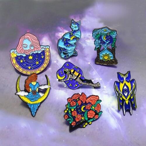 Starry Sky Sun Moon Stars Enamel Pins Hourglass Astronaut Beautiful girl Cat Owl Brooches Badges Gifts Friends Jewelry Wholesale