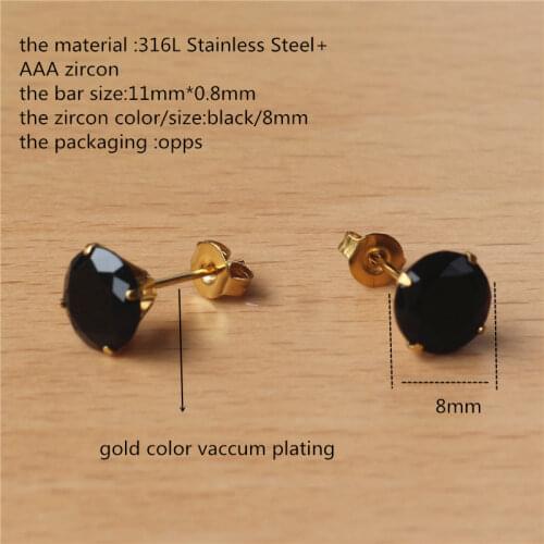 316 L Stainless Steel Gold-color Vacuum Plating With 8mm Round AAA Black Zircon Stud Earrings For Men Women Jewelry 201903011431