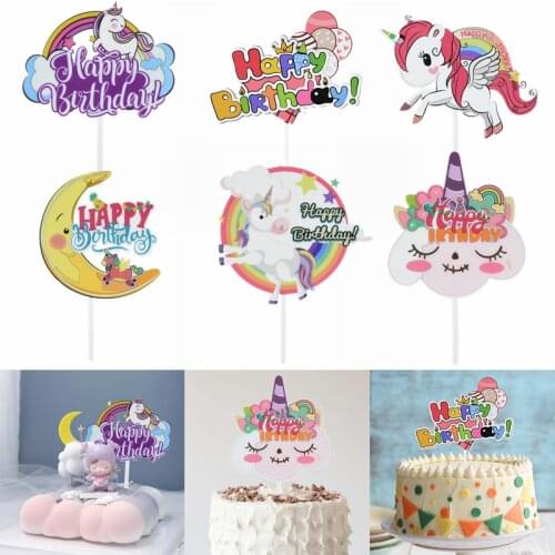1Pc Happy Birthday Cake Topper Cute Unicorn Moon Acrylic Cake Top Flag for Wedding Birthday Party Dessert Decoration Baby Shower
