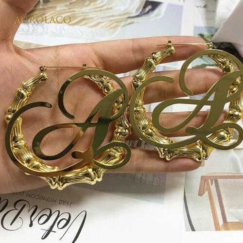 AurolaCo Custom Name Earrings Personalize Stainless Steel Letter Earrings For Women Circle Bamboo Earrings Jewelry Gift