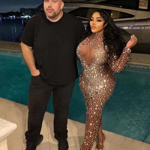 Flashing Silver Rhinestone Transparent Dress Prom Women Dance Sexy Clothes Evening Birthday Celebrate Mesh Long Dress