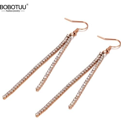 BOBOTUU Trendy Titanium Stainless Steel Party Tassel Earrings For Women Girl Bohemia CZ Crystal Dangle Earrings Jewelry BE20084