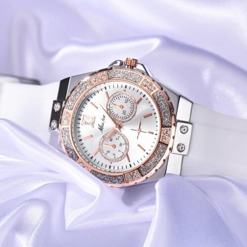 MISSFOX White Rubber Watches Woman Full Diamond Bezel Sports Womens Wrist Watch Two-eye Decorative Dial Quartz Watches For Lady