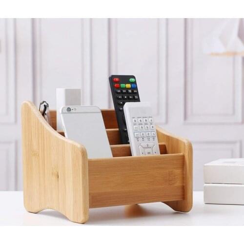 Wood Desk Organizer Bamboo Remote Control Holder Caddy Storage Container with 3 Compartments for Pen Pencil Phone Eyeglasses Off