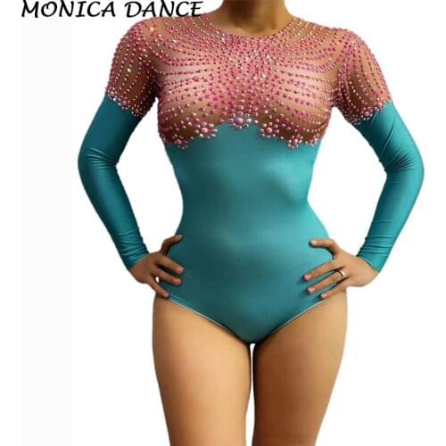 Women Sexy Stage Exercise Acrobatic Performance Rhinestones Bodysuit Long Sleeve Skinny Leotard Stage Wear Singer Dancer Costume