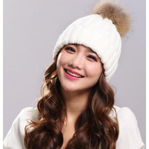 Hot sale real mink fur hat for women winter knitted mink fur beanies cap with fox fur pom poms brand new thick female cap