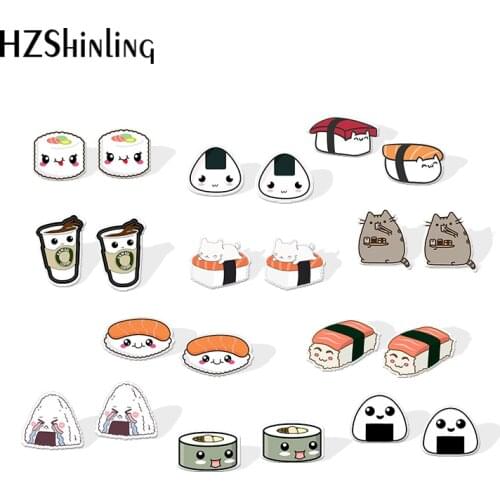 2019 Lovely Sushi Resin Earrings Kawaii Cartoon Rice Ball Acrylic Earrings Food Art Epoxy Stud Earring