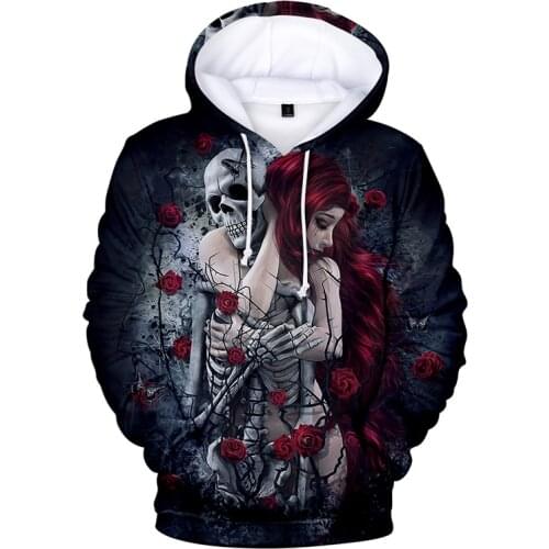 3d hoodie 2021 spring hot style mens and womens hip-hop style 3D printing rose flower skull long-sleeved hooded sweatshirt
