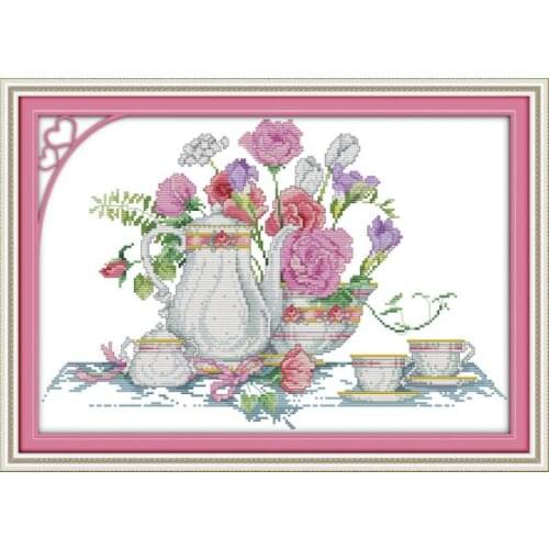 Pink rose table cross stitch kit cartoon 14ct 11ct count print canvas stitching embroidery DIY handmade needlework