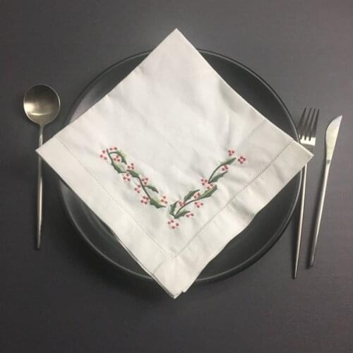 Set of 12 Fashion Dinner Napkins white Hemstitched linen Table Napkin with Color Embroidered Floral Wedding Napkins 22x22-inch