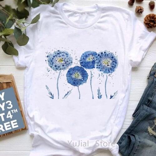 New Arrival 2021 Watercolor Blue Dandelion Print Tshirt Women Aesthetic Clothes T Shirt Femme Harajuku Shirt T-Shirt Tops