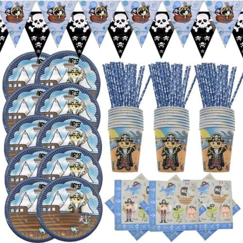 Corsair party disposable tableware combination cartoon pirate style cup and tray tissue straw birthday party supplies