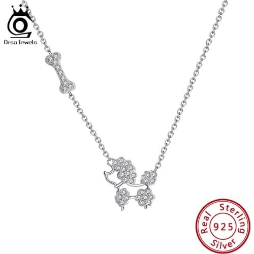 ORSA JEWELS Real Sterling 925 Silver Necklaces Poodle Shape AAAA Zirconia Cute Dog Pendant Clavicle Chain For Grils SEQN15