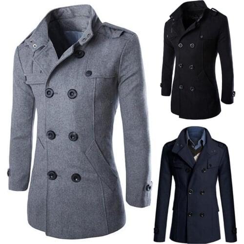 Coat Men Winter Warm lapel Trench Coat Woolen Coat Slim Casual Solid Stand Collar Double Breasted Long Coat