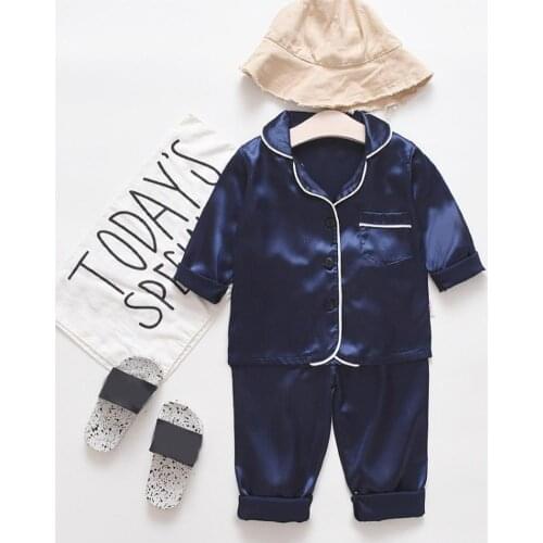 Pajama Sets Boys Girls Solid Color Comfortable Sleepwear Set Buttons Shirt Top Long Pants Kids Pajamas Childrens Clothing 2021