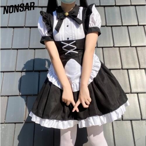 NONSAR Cosplay Lolita Dress Womens Maid Service Back And White Ribbon INS Hot Sale New Japanese Cute Sweet Sexy Dress S-4XL