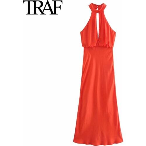 Traf Za Women Fashion Red Sleeveless Dress Summer French Elegant Satin Long Dress Female Chic Midi Dress Evening Vestidos Mujer