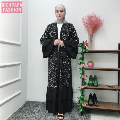 Ramadan Black Sequin Kaftan Abaya Kimono Muslim Hijab Dress Caftan Marocain Turkey Islam Clothing Abayas For Women Robe Longue