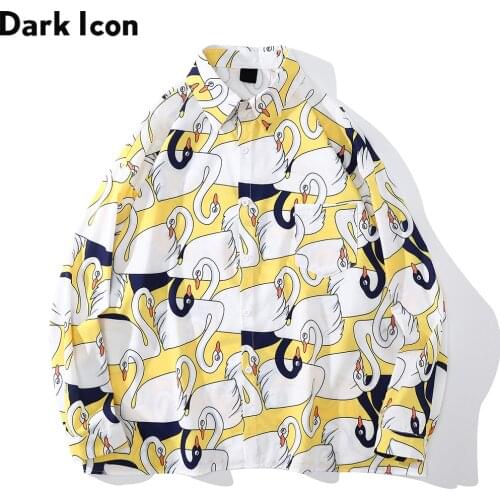 Dark Icon Swan Full Printed Mens Shirt Autumn Spring Long Sleeved Shirts for Man Yellow White