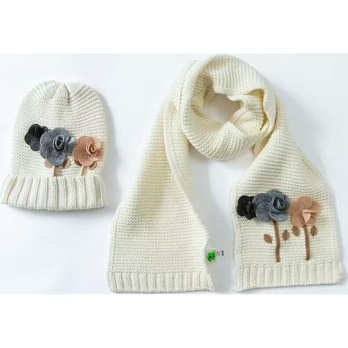 Flower Cotton Baby Hat &Scarf Set France Delicate Crochet Baby Beanies Kids Fall Winter Baby Cap Handmade Windproof Earmuffs Cap