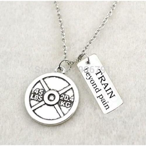 Sport 45LBS Weight Plate and rectangular TRAIN beyond pain charms Necklace,Fitness Weightlifting Gym necklace