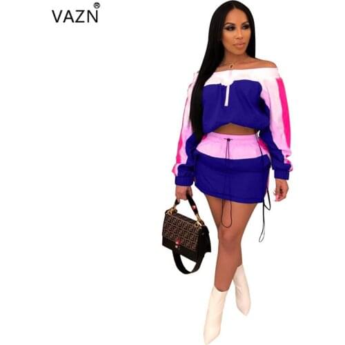 VAZN Spring Hot 2019 Famous Brand Sexy Women Print 3 Color Skinny Mini Dress Lady Slash Neck Full Sleeve Hollow Out Dress LA3080