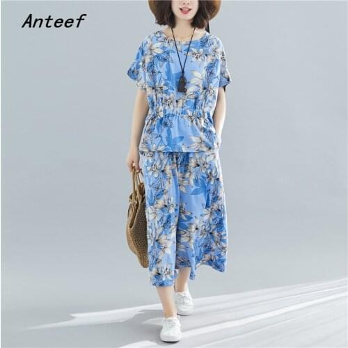 Vintage floral summer casual 2 two piece set loose tee t shirt women t-shirt ladies tshirt 2021 tops wide leg pants