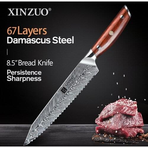 XINZUO 8.5'' Serrated Kitchen Knife Damascus Stainless Steel Knives For Cutting Bread Cheese Cake Comfortable Rosewood Handle