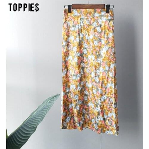 Toppies 2021 summer oil painting skirts elastic waist midi skirts korean fashion streetwear high waist faldas