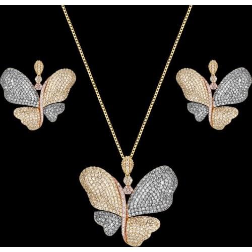 Zlxgirl jewelry New arrival butterfly wedding necklace earring jewelry sets AAA cubic zircon bridal pendant ears accessory gifts