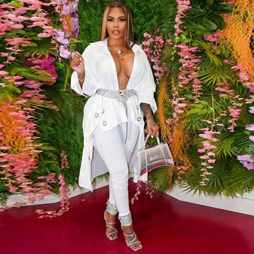 Womens White Round Hole Irregular Shirt Fashion Turn Down Collar Long Sleeve Loose Blouse Office Lady Buttons Up Party Tops