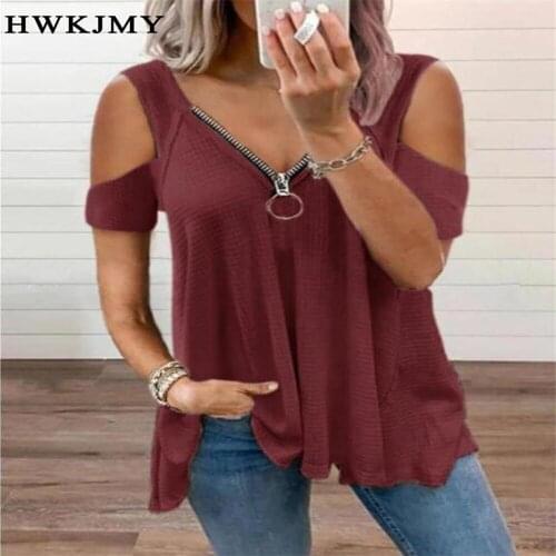 Womens Clothing Summer Clothes Casual Deep V-neck Zipper Tee Off Shoulder Short Sleeved Tops Ladies Solid Color T-shirt XS-8XL