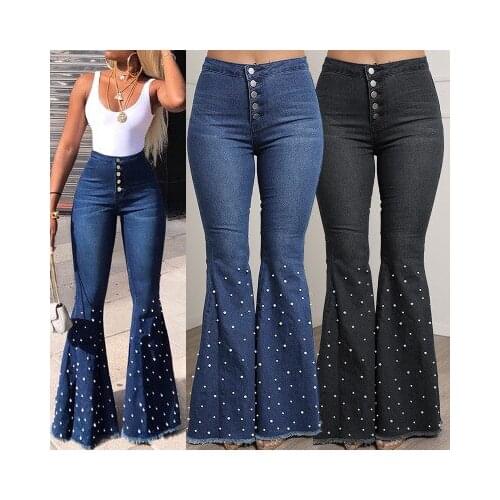 Women High Waist Denim Jeans Stretch Beading Boot Cut Button Jean Femme Plus Size Pants