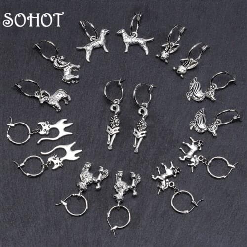 SOHOT Cute Animal Cat Dog Rabbit Ram Duck Pendant Silver Color Unisex Drop Earrings Vintage Punk Women Men Jewelry Brincos