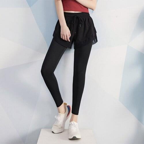 Women yoga pants fake two pcs for gym wear wokrout running fitness leggings high waist sportswear black leggins slim