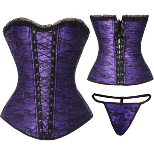 2pcs of Set Sexy Lace Embroidery Floral Bustier Corset Green Purple Party Corselet Top for Women Waist Trainer Shaper