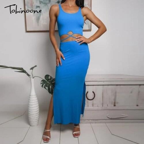 Tobinoone Hollow Out Split Bodycon Dress Women Solid O Neck Sleevelesss Sexy Midi Dresses Summer High Waist Party Vestidos 2021