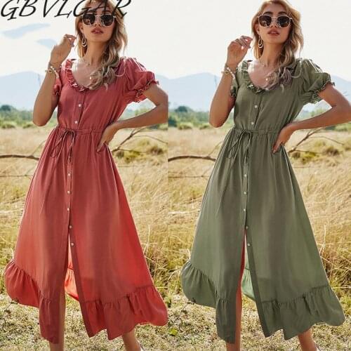 Casual Patchwork Elegant Holiday Long Dresses 2021 Summer Women Puff Sleeve Lace Up With Button O Neck Ladies Slit Maxi Dress