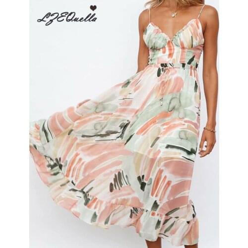 LZEQuella Women Sexy Strap Floral Print High Waist Ruffles Boho Dress Summer Sleeveless Backless Party Club Dresses NZ3702