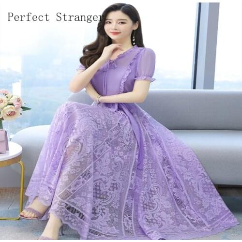 High Quality 2021 Summer Dress For Women Bow Collar Solid Color Short Sleeve Women Chiffon Lace Long Dress