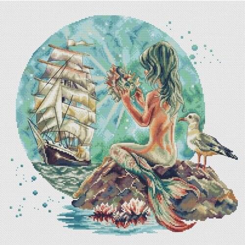 Gold Collection Embroidery Mermaid Cross Stitch Beginners with 14CT Aida Counted Canvas & Free Shipping for Home Decoration