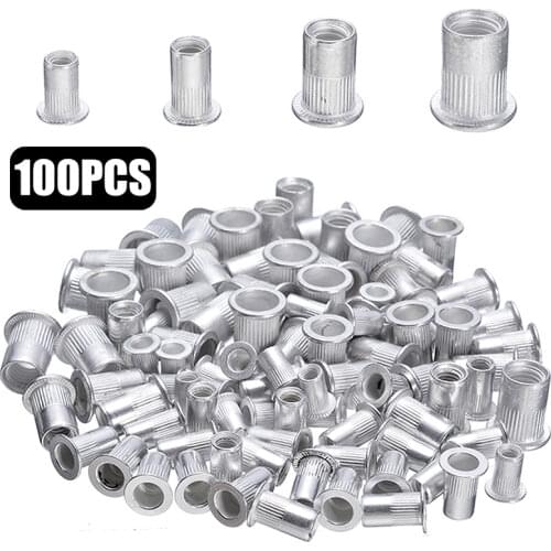 100pcs Steel Aluminum Rivet Nuts Kit Threaded Rivet Nut Inserts Rivnut Nutsert M3 M4 M5 M6 Mixed Kit Set Repairing Tools
