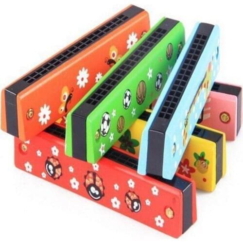 2 Pieces Wooden Harmonica 16 Holes Double Row Colorful Patterned Children Harmonica