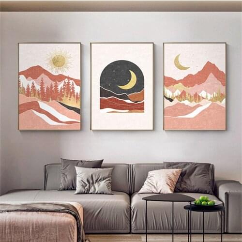 3pcs Abstract Sun Moon Plant Landscape Mountain Wall Art Canvas Painting Nordic Poster Print Picture For Living Room Home Decor